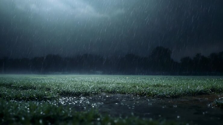Absorbing front wet grass and puddles during heavy rain in grassy field at night, ripples forming
