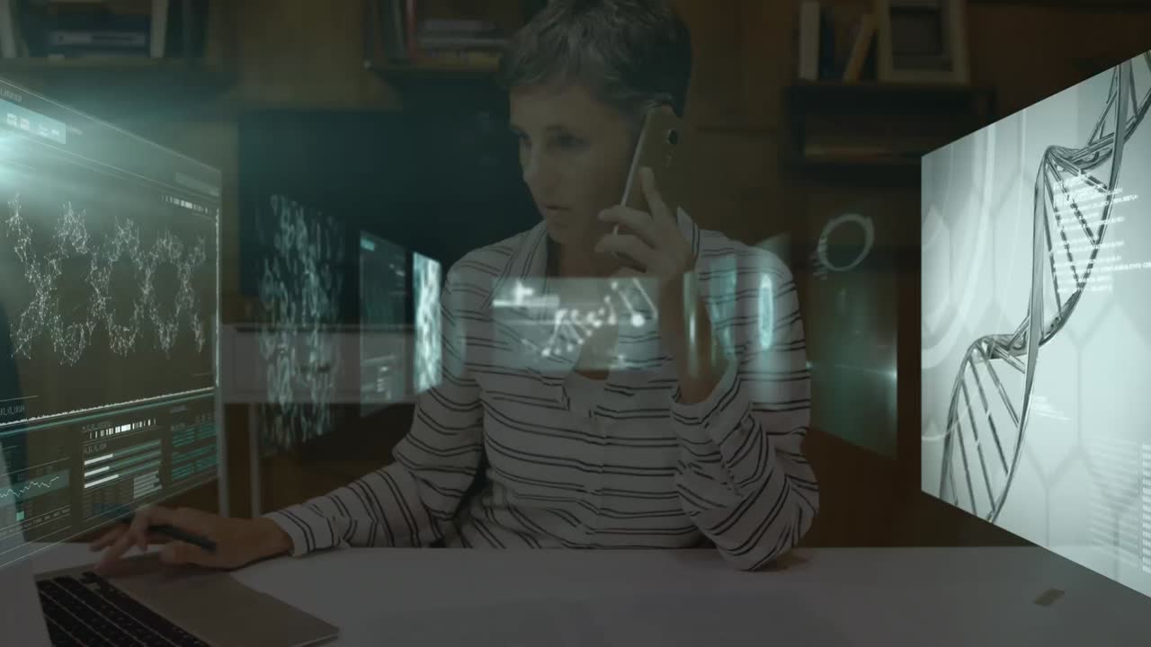 animación de procesamiento de datos y cadena de adn sobre mujer de negocios caucásica