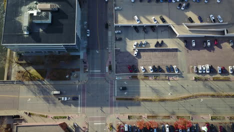 Top-down-Drone-footage-over-Downtown-Sioux-Falls-South-Dakota-bridge-and-aerial