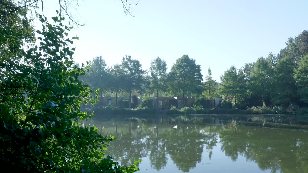 Scenic lake view with trees and buildings