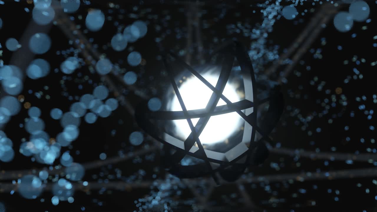 esfera brillante con construcción mecánica giratoria, representación en 3d.