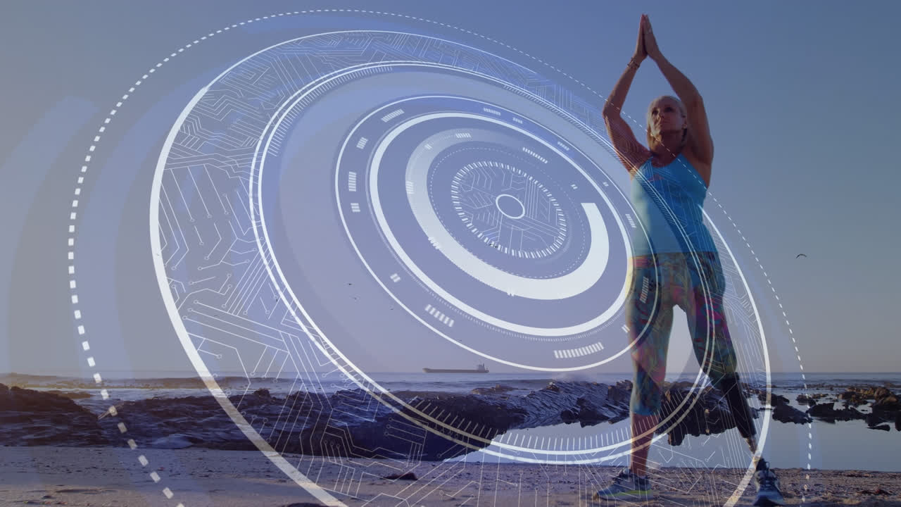 animación de escaneo de alcance sobre mujer con extremidad artificial meditando en la orilla del mar