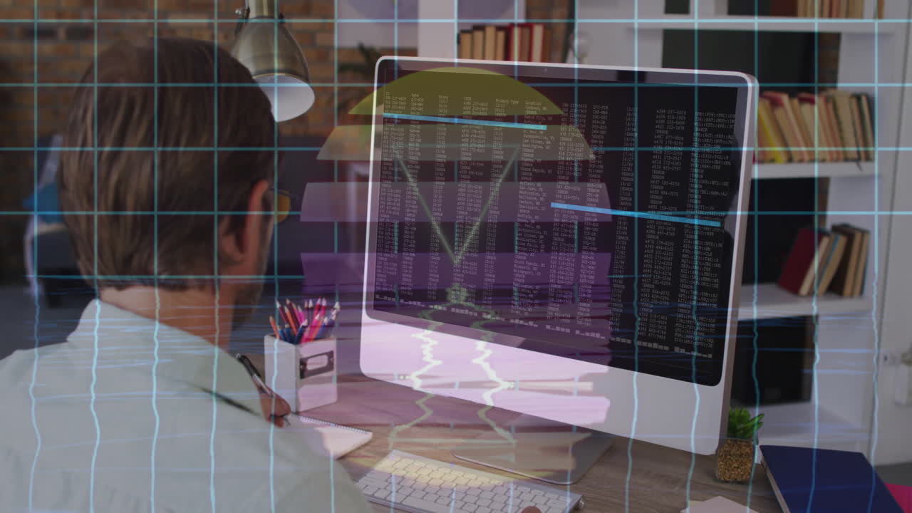 Software engineer writing notes at wooden desk in technology office, with holographic code overlays