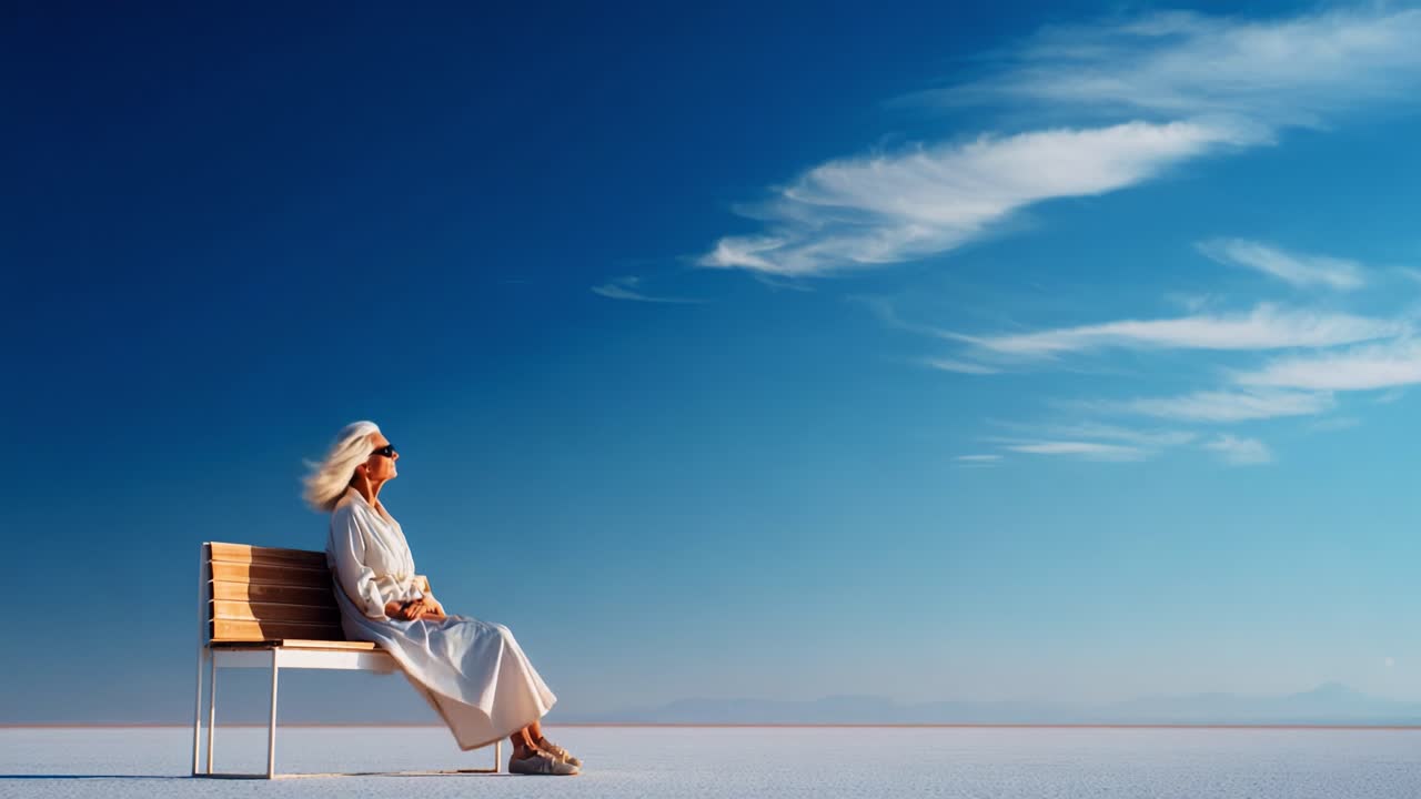 Serene Reflection: A Tranquil Moment Captured in Time as a Woman Enjoys the Vastness of a Wide Open Landscape Under a Clear Blue Sky, Embracing Peace and Stillness