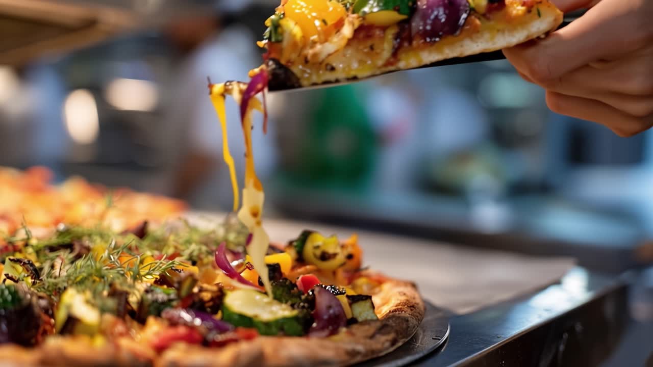 Hand Serving a Slice of Fresh Vegetable Pizza with Stretching Cheese