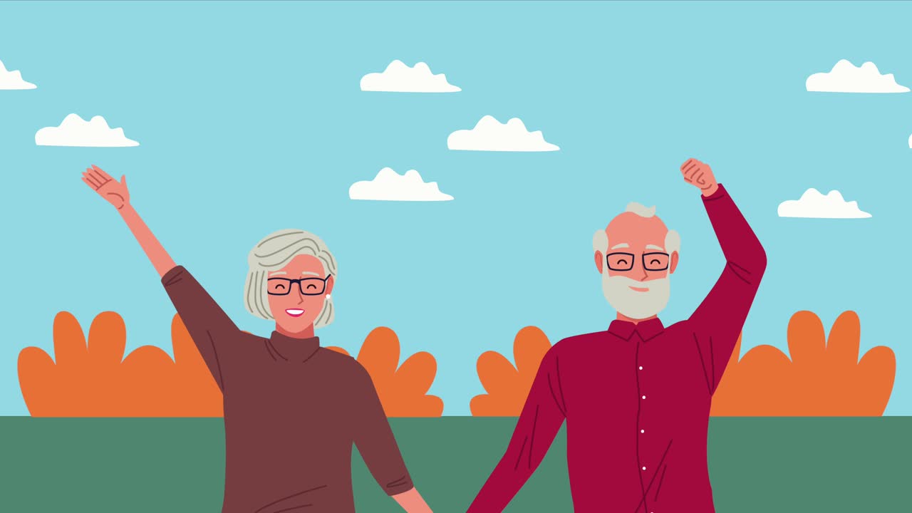 행복한 은 부부가 애니메이션 캐릭터를 축하하고 있습니다.