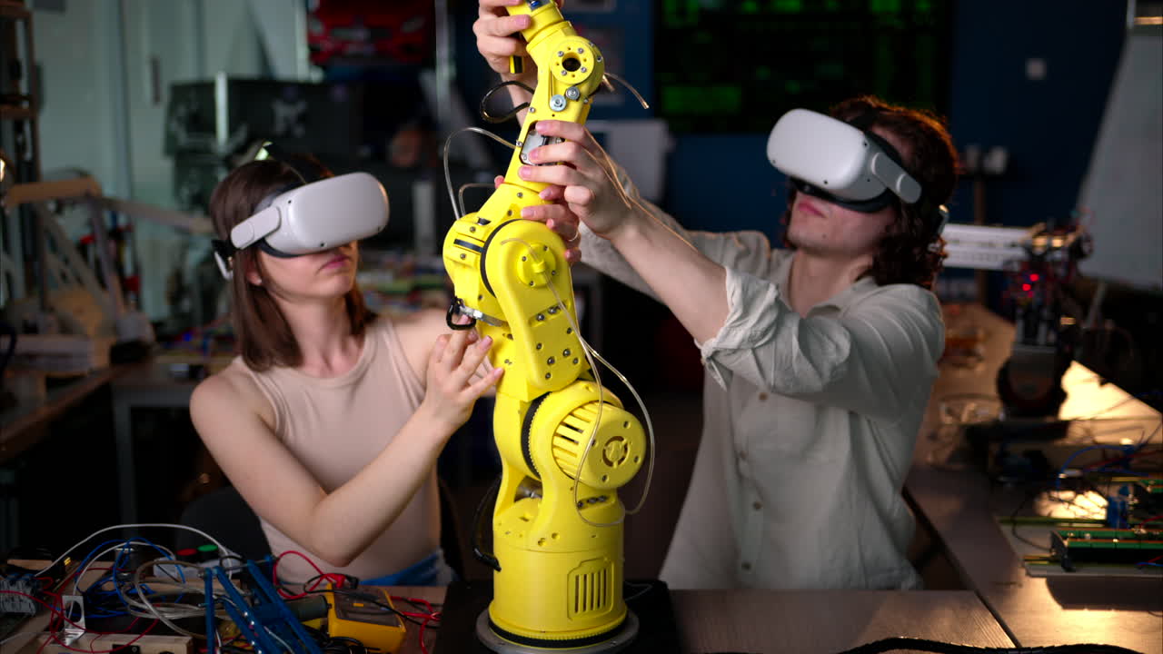 Two young happy engineers with VR virtual reality headsets fixing an yellow robotic arm in the workshop, computer programming, celebrating success