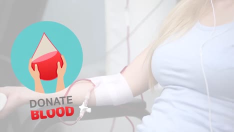 animation of blood drop and donate blood text over caucasian female patient