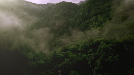 Aerial-view-flying-above-lush-green-tropical-rain-forest-mountain-with-rain-cloud-cover-during-the-rainy-season-on-the-Doi-Phuka-Mountain-reserved-national-park-the-northern-Thailand