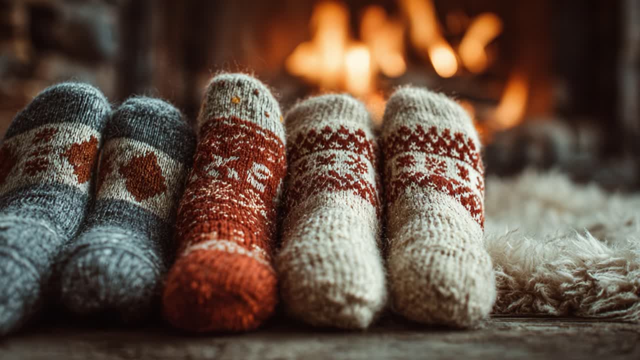 Cozy Hand-Knitted Socks by the Fireplace: A Rustic Winter Scene Capturing Warmth, Comfort, and Holiday Spirit in a Charming Home Setting