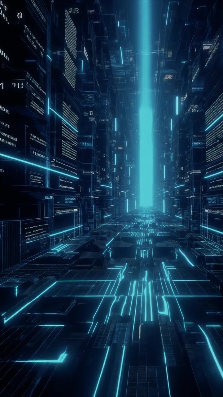 Futuristic Digital Data Tunnel with Glowing Blue Information Streams