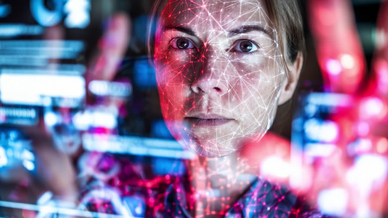 A focused individual interacts with advanced digital interfaces, displaying intricate patterns of light and data, symbolizing the convergence of technology and human cognition in a futuristic setting