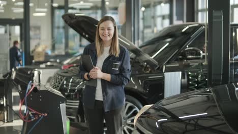 female manager discussing vehicle repair with mechanic in auto repair shop