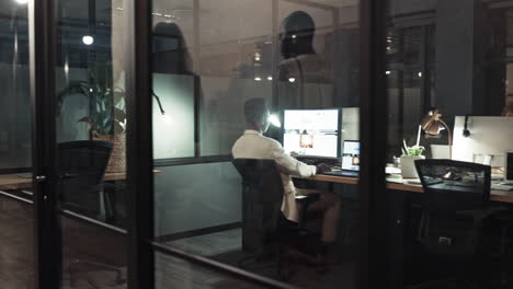computer, night and overtime with a business black