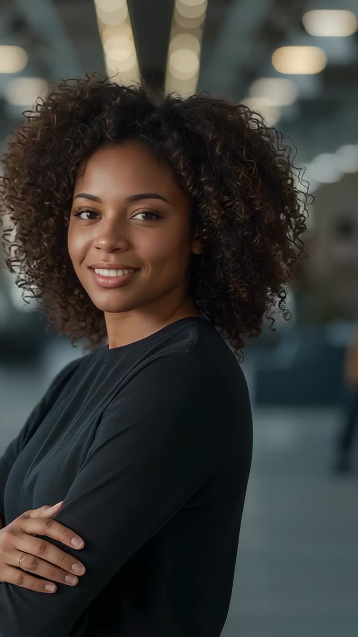 Vídeo vertical: Câmera em movimento incentivando mulher com blusa escura virando e sorrindo sob luzes interagindo com a lente.