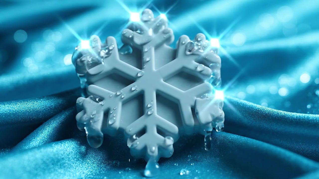 Uno splendido primo piano di un fiocco di neve su un lussuoso tessuto di raso blu, che cattura l'eleganza delle texture e le goccioline d'acqua sulla superficie.