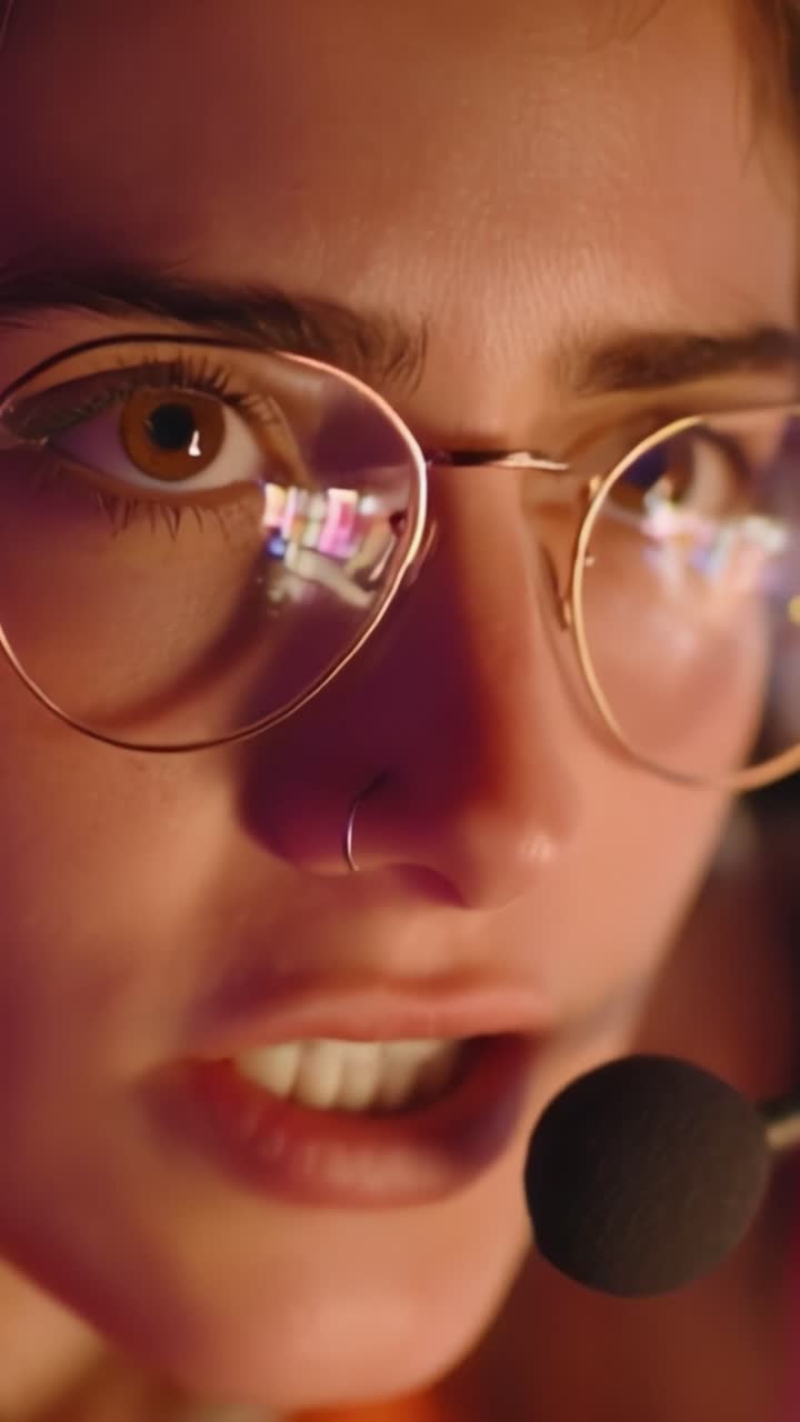 Intense Close-Up of a Focused Individual Wearing Headset and Glasses, Capturing the Moment of High Concentration in a Dynamic Environment