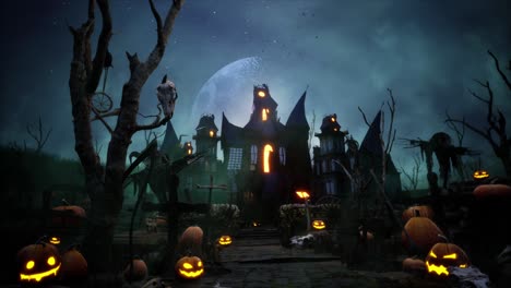 halloween haunted house with bats, and pumpkins under scary moon cinematic video animation background