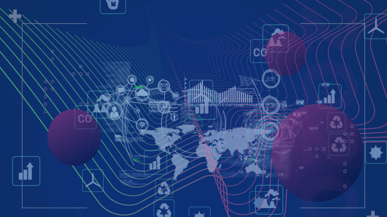 Animation of world map, scope scanning and data processing