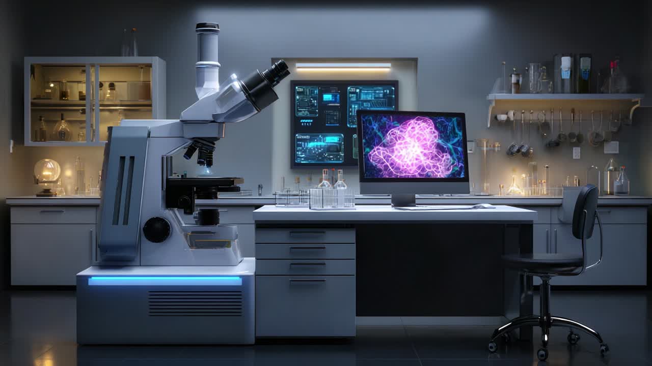 A Modern Laboratory Setting Showcasing Advanced Microscopy Equipment, High-Tech Computer Systems, and Innovative Research Tools for Scientific Exploration and Discovery
