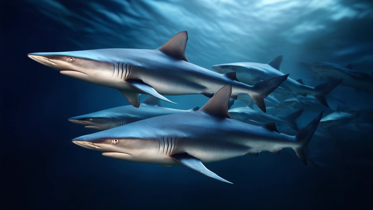 A Stunning Underwater Scene Featuring a Group of Sharks Swimming Gracefully in a Vibrant Ocean Environment Illuminated by Soft Light