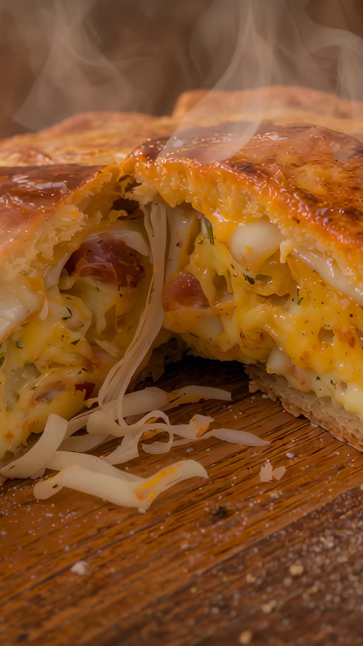 Video verticale: calzone tagliato che rilascia vapore, fili di formaggio che si allungano su una tavola di legno con carne