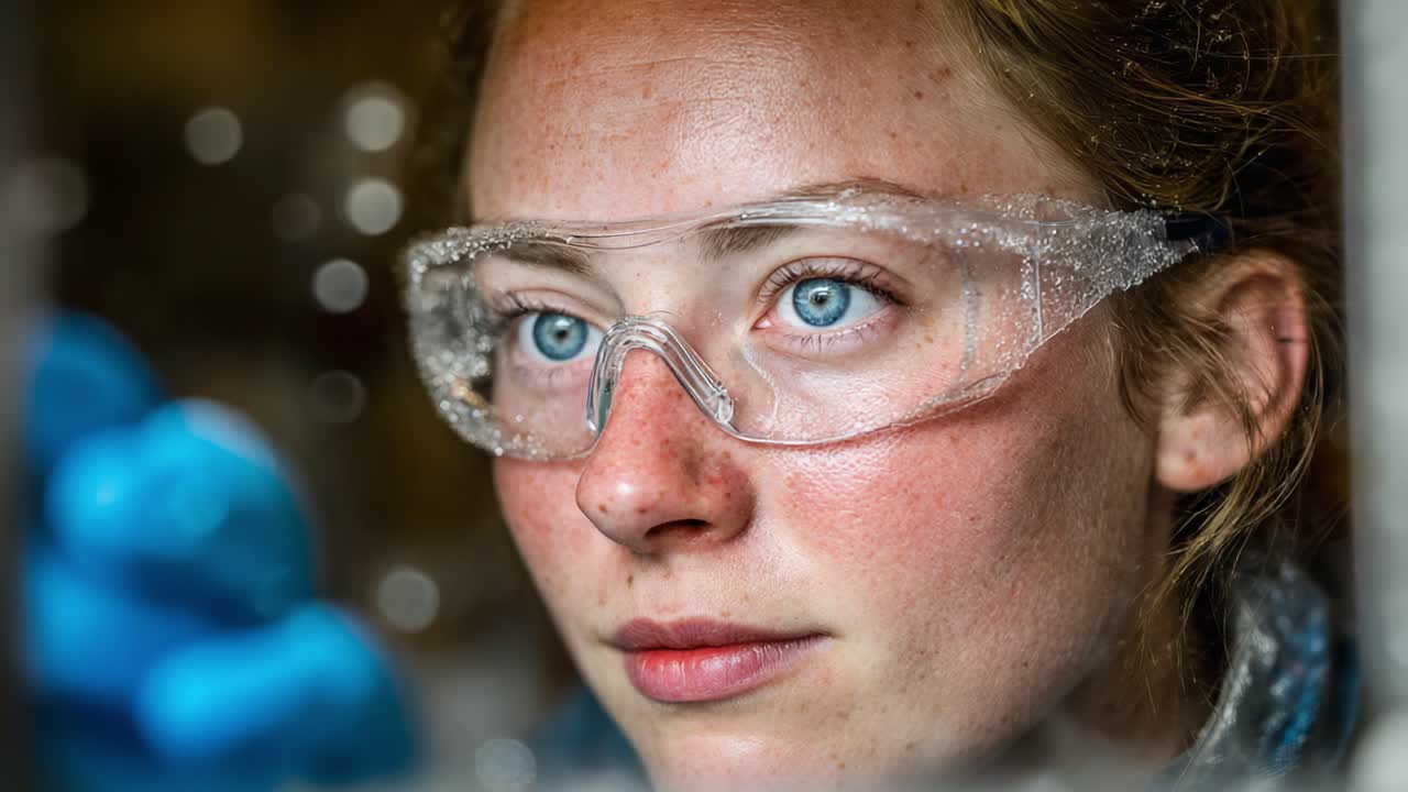 Focused Observer in Protective Gear: Capturing the Intense Moment of Scientific Exploration with Determined Eyes and Safety Equipment