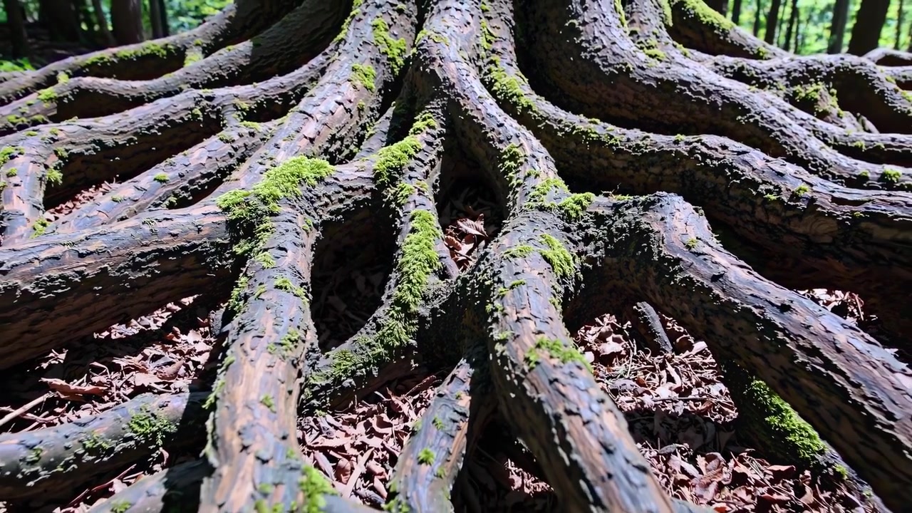Close-up View of Large Tree Roots Covered in Green Moss on Forest Floor