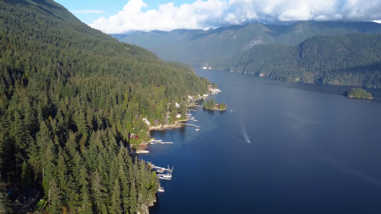 Aerial View of a Serene Lake Surrounded by Mountains and Forest