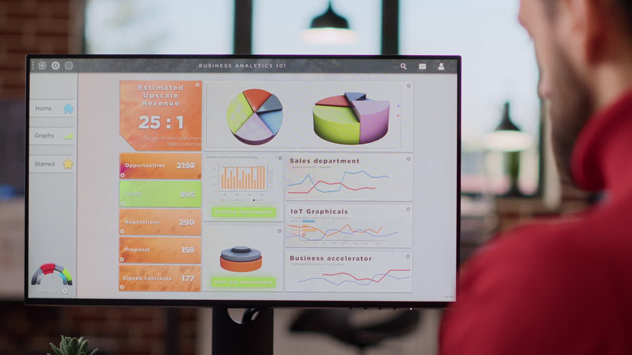 Office worker analyzing business charts and graphs on monitor
