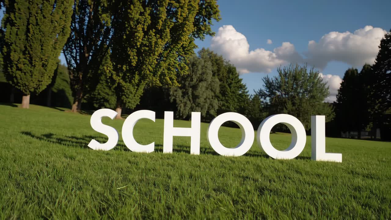 Large white letters spelling school stand on a vibrant green lawn, surrounded by trees and under a blue sky with fluffy white clouds, creating a serene and welcoming educational setting