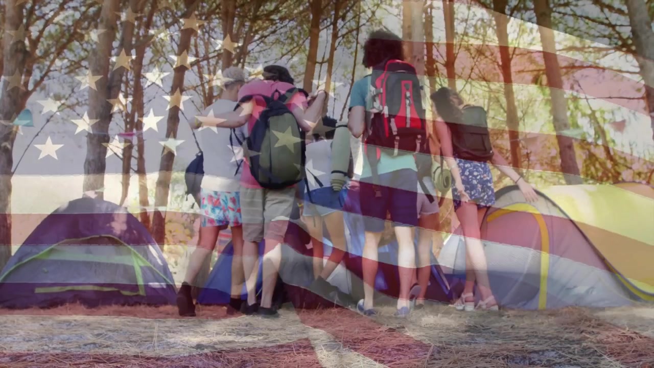 six campers pitching tent in pine forest, with animated health charts floating above backpacks