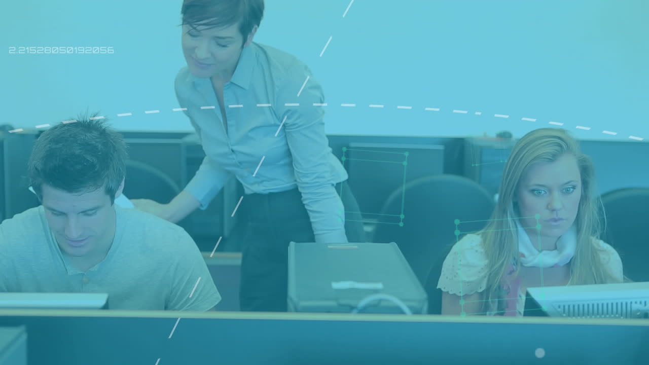 컴퓨터를 이용한 학생들의 그룹을 가로질러 움직이는 형태의 애니메이션