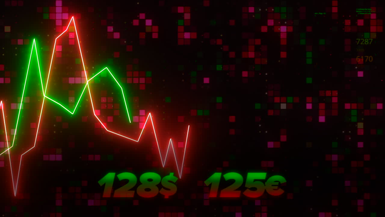 Financial Market Data Visualization with Glowing Lines and Pixelated Background