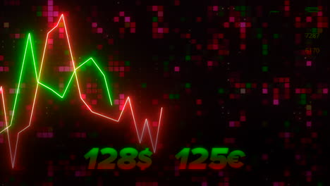 visualisierung von finanzmarktdaten mit leuchtenden linien und pixelierten hintergründen