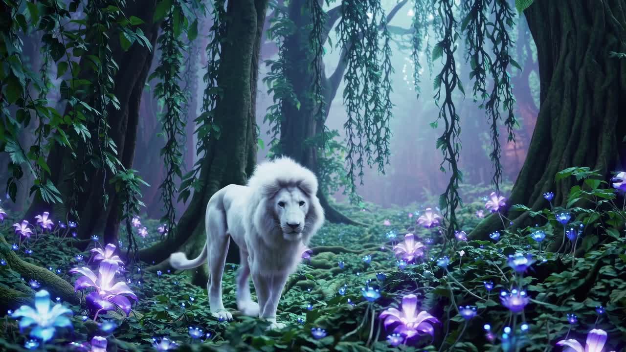 A mystical white lion walks through an enchanted forest with glowing flowers
