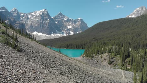 banff national park aerial view, flying over the bow river in the canadian rockies during summer in alberta, canada