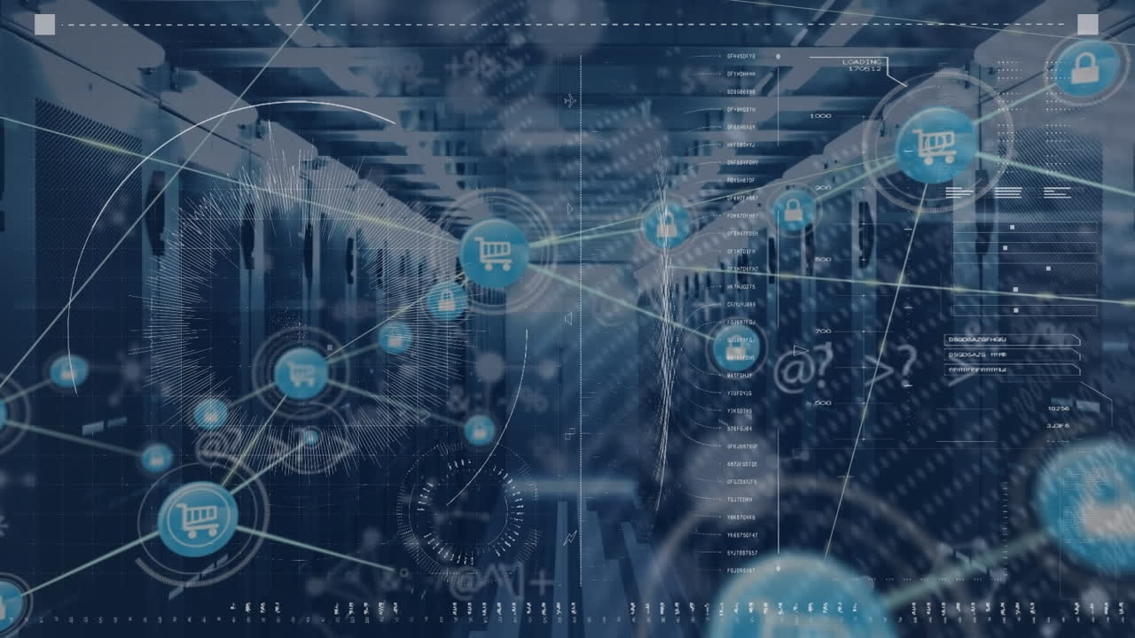 Animation of connected icons over looping symbols and loading bars against server room