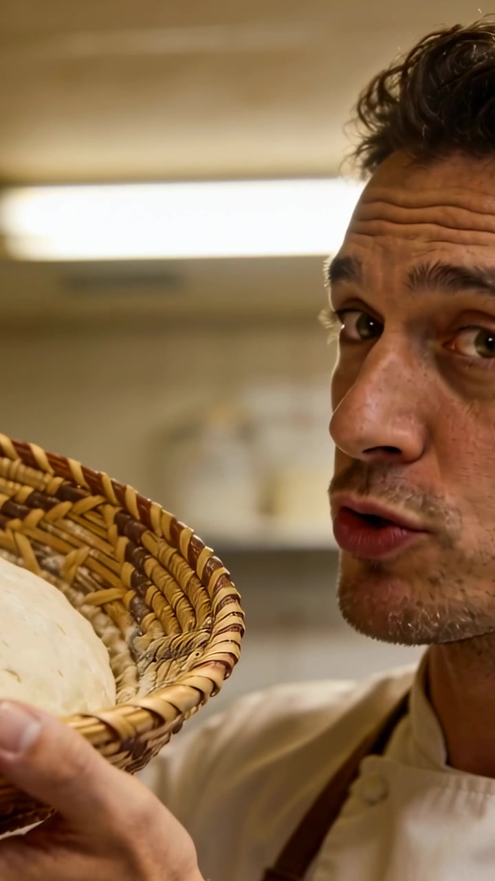 Video verticale: Panettiere in panetteria in giacca da chef che tiene un banneton e spiega l'impasto, spazio per il testo