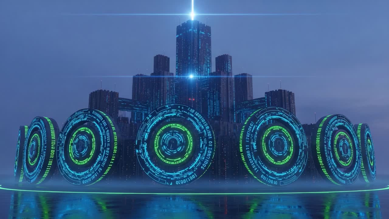 A futuristic cityscape featuring a high-tech structure surrounded by glowing circular interfaces, showcasing advanced technology and vibrant digital displays in a misty ambiance