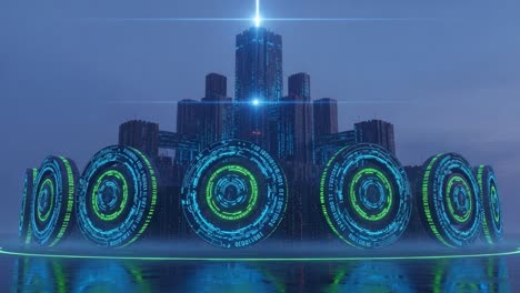 a futuristic cityscape featuring a high-tech structure surrounded by glowing circular interfaces, showcasing advanced technology and vibrant digital displays in a misty ambiance
