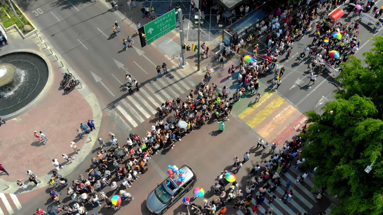 DRONE SHOT OF GAY PRIDE PARADE IN GUADALAJARA MEXICO