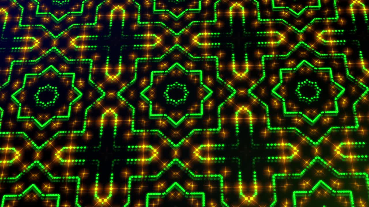 ilustración animada luz brillando puntos verdes y amarillos y estrellas formas cuadradas.
