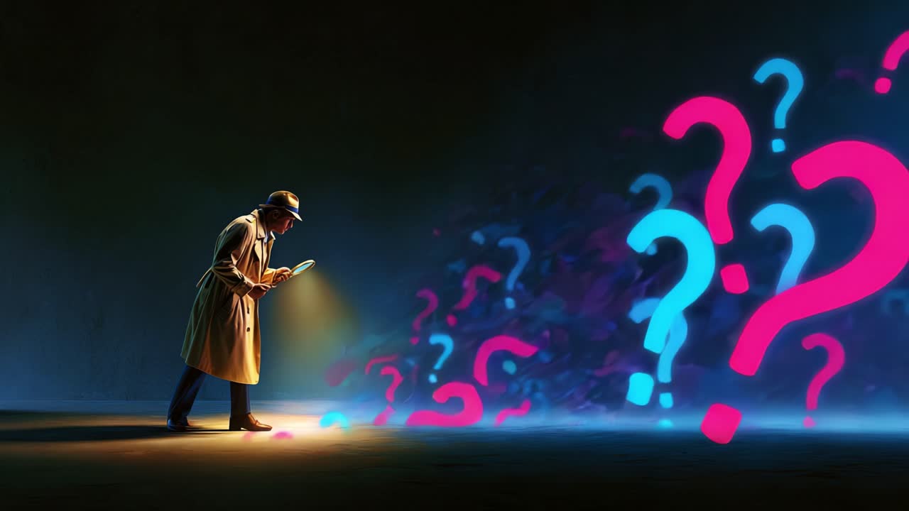 A Mysterious Figure with a Magnifying Glass Investigates a Vibrant Burst of Colorful Question Marks in a Dimly Lit Space, Seeking Clarity Among the Unanswered Queries