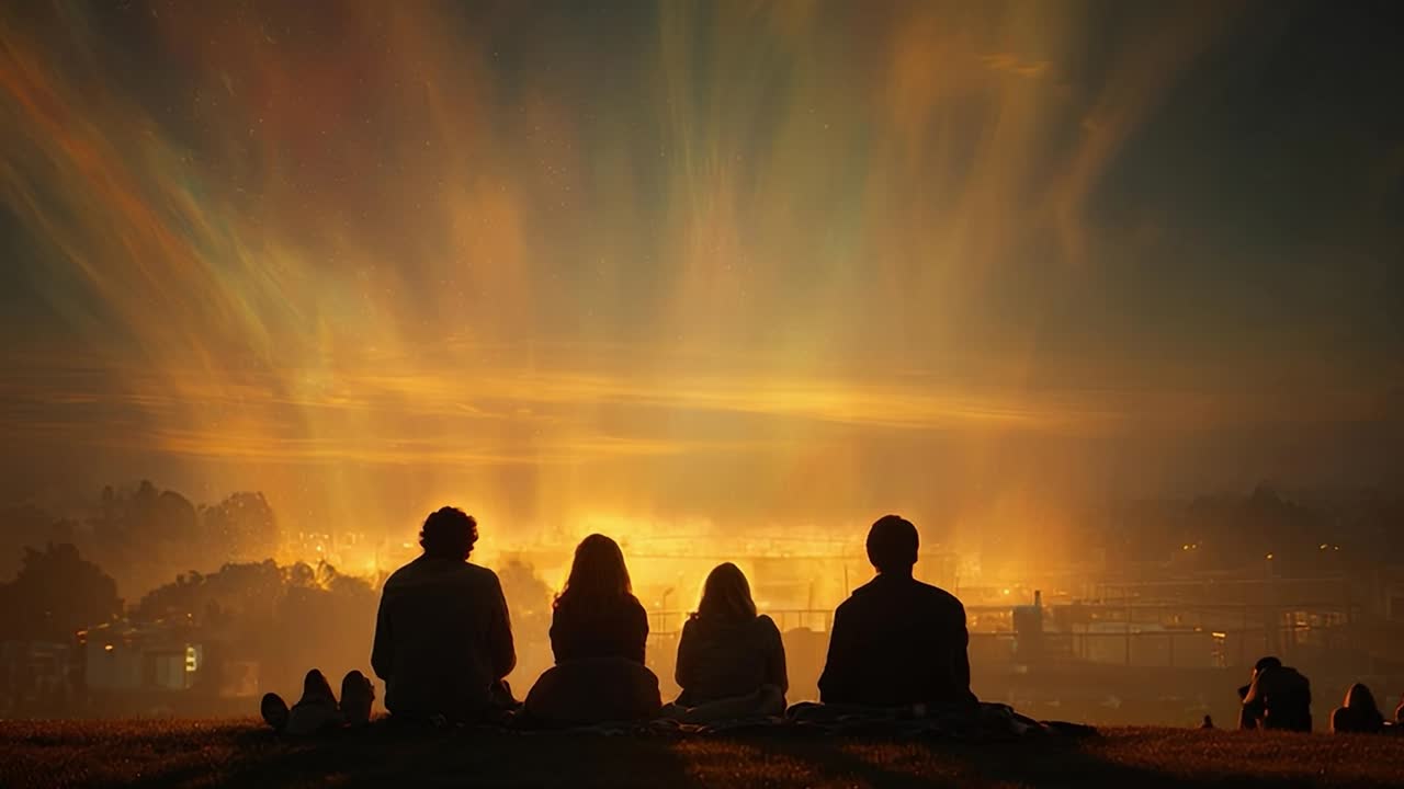 Amigos disfrutando de una puesta de sol con vistas a un paisaje urbano