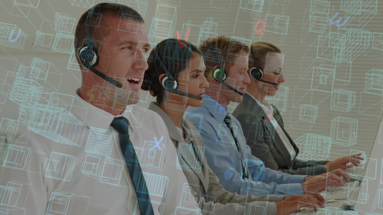 animación del plan de la ciudad con letras sobre personas de negocios que usan auriculares de teléfono