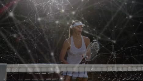 Animation-of-network-of-connections-over-female-tennis-player-at-tennis-court