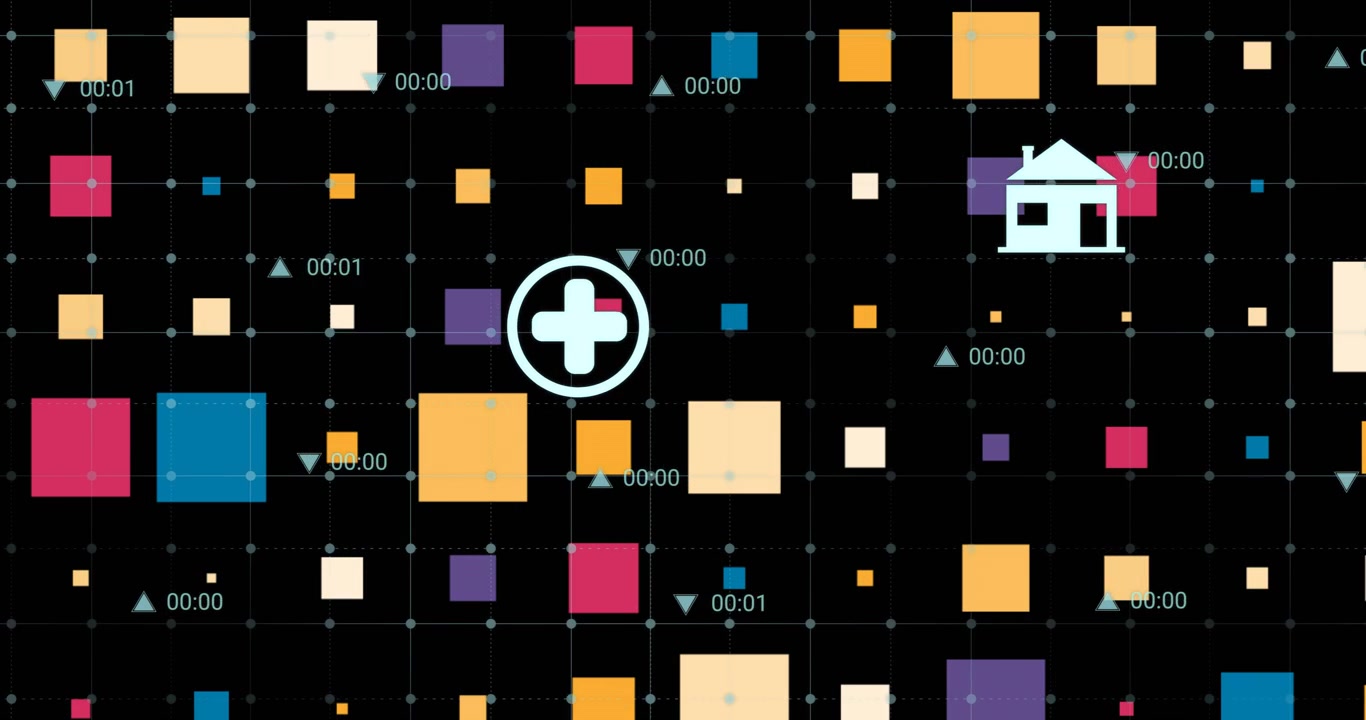 Animation farbiger geometrischer Formen mit digitalen Zeitstempeln auf schwarzem Hintergrund