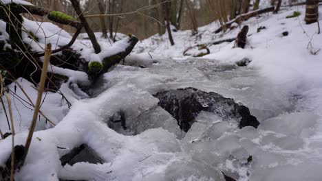 arroyo que fluye bajo el hielo en un bosque cubierto de nieve en invierno, jib lento