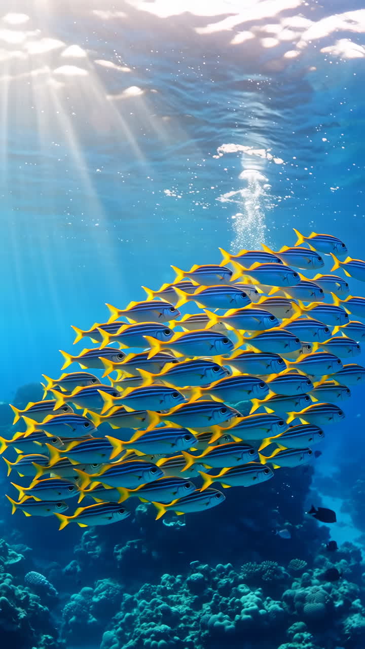 School of Yellow-Stripe Fish Swimming Over a Vibrant Coral Reef in Sunny Blue Ocean